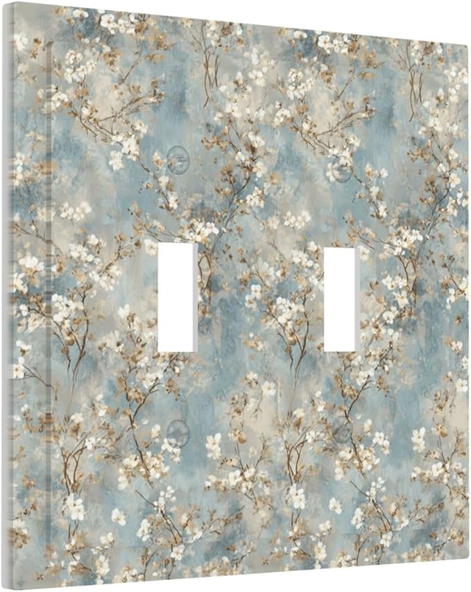 Decorative Light Switch Cover Plate Rustic Blue White Plum Blossom Flower 2 Gang Outlet Covers Double Toggle Wall Plates for Electrical Switch Plate Covers Faceplate for Bedroom Decor