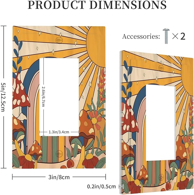 Decorative Outlet Covers Mushroom Hippie Sun Rainbow Vintage Floral Funky Boho 1 Gang Single Rocker Light Switch Cover Plate Wall Plates GFCI Faceplate for Bedroom Kids room Decor