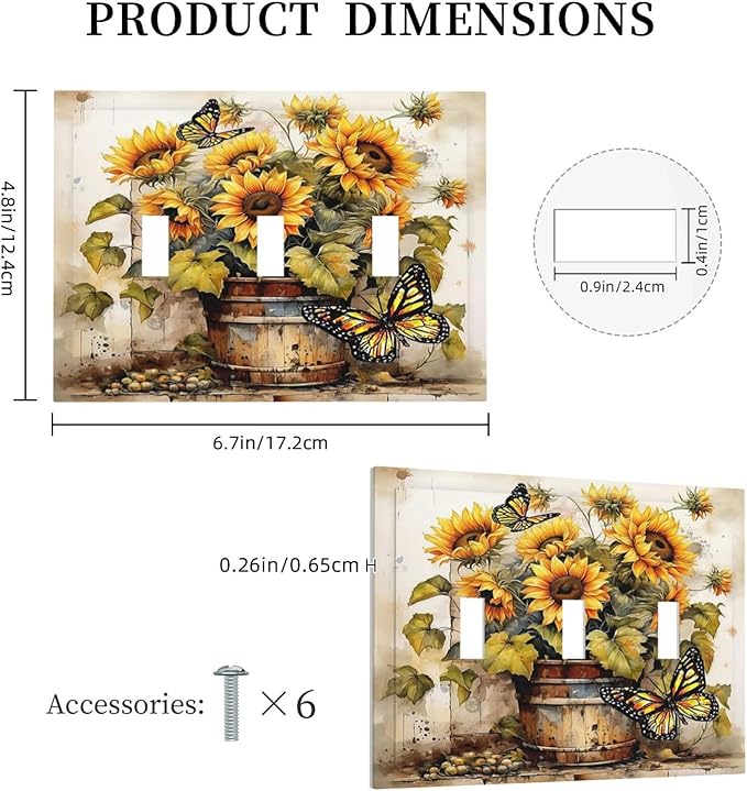 Decorative Switch Plates Rustic Vintage Sunflower Bouquet Butterfly 3 Gang Wall Plate Faceplate Triple Toggle Light Switch Cover Electrical Wall Panels for Farmhouse Cabin Decor