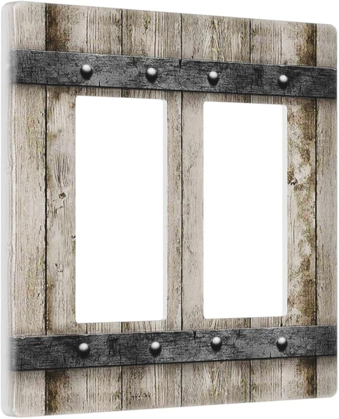 Rustic Vintage Brown Wood Plank 2 Gang Double GFCI Rocker Rocker/Decorator Light Switch Cover Decorative Outlet Wall Plate Electrical Faceplate Screwless