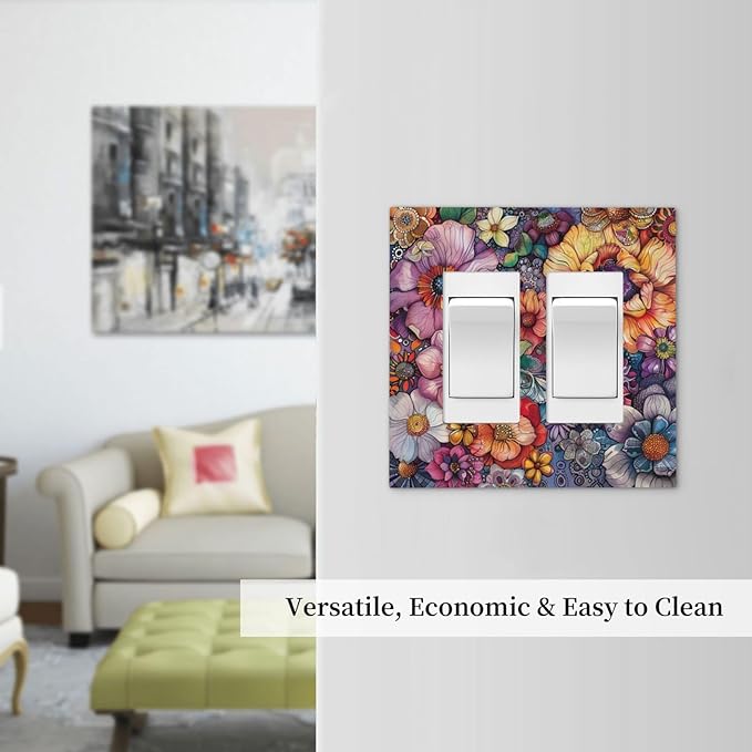 Decorative Outlet Covers Colorful Bohemian Flowers Vintage Boho Floral 2 Gang Double GFCI Rocker Electrical Wall Panels Light Switch Cover Plate for Bed Room living Room Decor