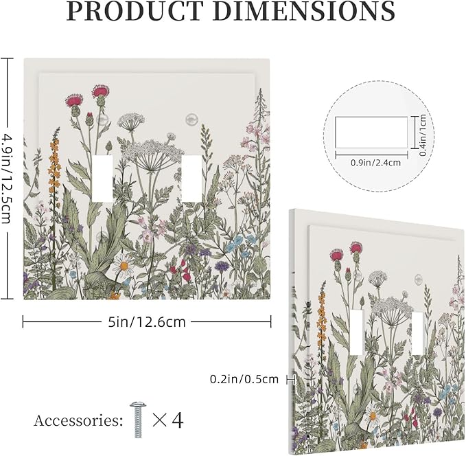 Vintage Colorful Wild Flower Floral Decorative 2 Gang Light Switch Cover Blossom Spring Bloom Herb Sage Botanical Plant Doouble Toggle Dual Device Outlet Electrical Switch Socket Plug Face Plate Cover