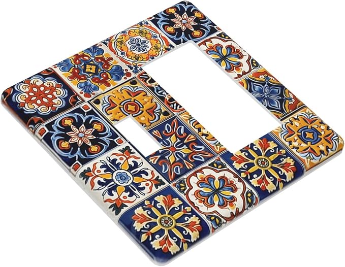 Mexican Talavera Tiles Flower Vintage Outlet Covers 1 Toggle 1 Rocker Combination Decorative Wall Plate Electrical Switch Plates Light Switch Cover Plate for Kitchen Bathroom Decor