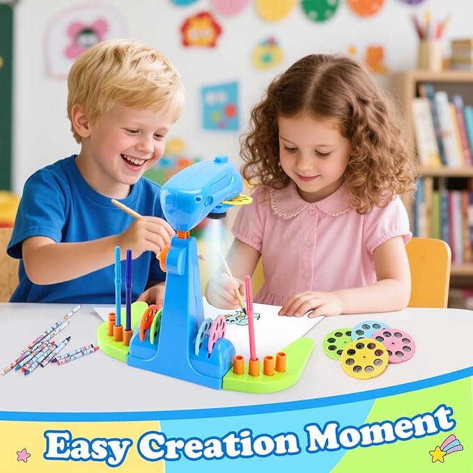 Sumsoltic Drawing Projector for Kids, Art and Craft Kit, Including Colored Pencils, Crayons, Coloring Books, Toys for 3+ Year Old Boys (Blue Drawing Kit v1)