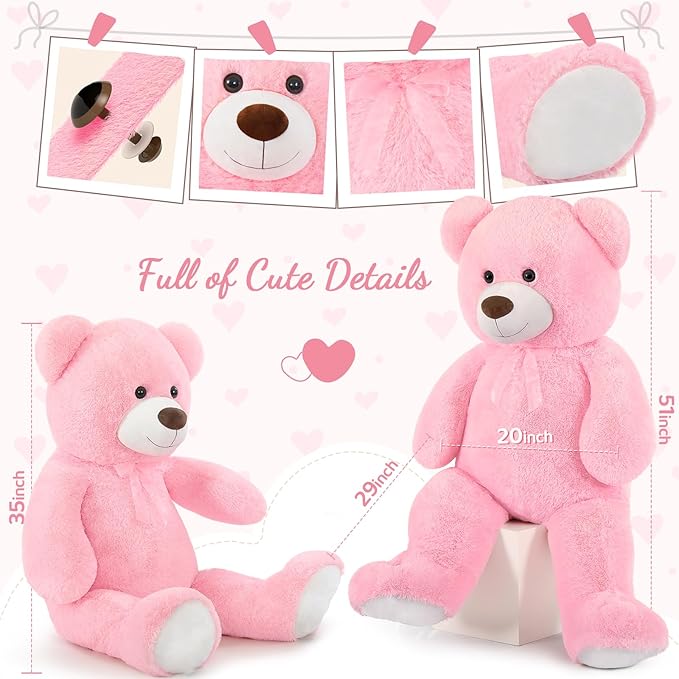 Toys Studio 51 inch Giant Teddy Bear Pink Stuffed Bear Plush for Girls, Pink Teddy Bear for Baby Shower Gender Reveal Decorations Valentine's Day Christmas Mother's Day