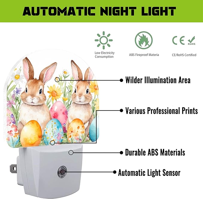 Easter Bunnies and Eggs Night Light for Kids,Cute Easter Rabbit and Flowers Plug in Night Light with Dusk to Dawn Sensor, 0.5w Energy Saving Nightlight for Hallway Stairway Kitchen Bedroom