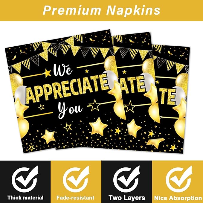 96Pcs We Appreciate You Party Plates and Napkins for Employee Staff Appreciation Black Gold Supplies Work Anniversary Themed Plate Thank You Tableware Set for Teacher 24 Guests Party Decorations