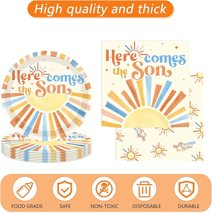 Here Comes The Son Baby Shower Decorations,Boho First Trip Around The Sun Party Supplies,Disposable Dessert Plate,Napkin,Tablecloth for It's A Boy Gender Reveal,Sun You Are My Sunshine Baby Shower