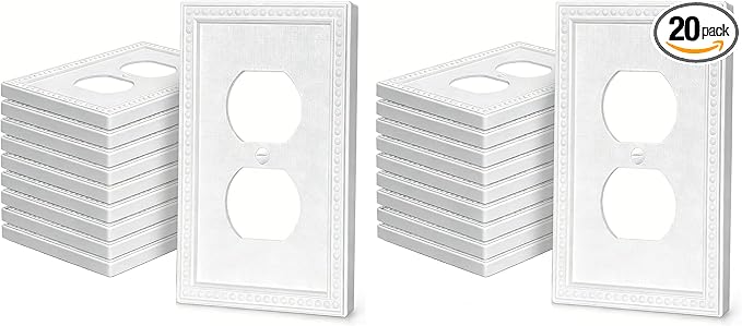 ZEFTV 20 Pack Mid-Size Duplex Wall Plates 1-Gang Switch Outlet Electrical Cover Plate Unbreakable Thermoplastic Faceplate for Light Receptacle Outlet Switch, Classic Beaded Relief Design, White