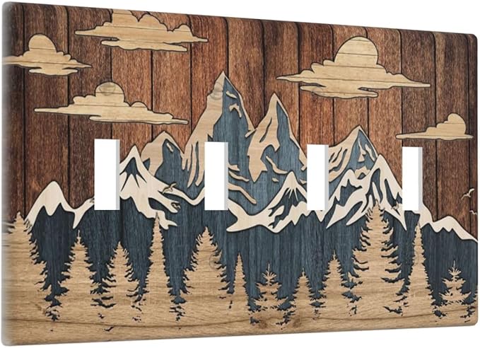 Blue Mountain Range Forest Nature Wilderness Wood Texture Light Switch Covers Quad Toggle Electrical Faceplate 4 Gang Wall Plate Decorative Switch Plates Cover for Farmhouse Home Decor
