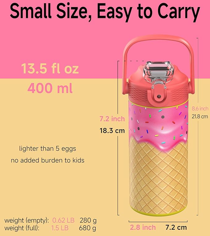 MYFOREST 14oz/400ml Insulated Kids Water Bottle, Odor-Free Surgical Grade Liner, Dishwasher-Safe, Name Spot, Soft Sipper, Gift for Sweet Tooth (Strawberry Ice Cream)
