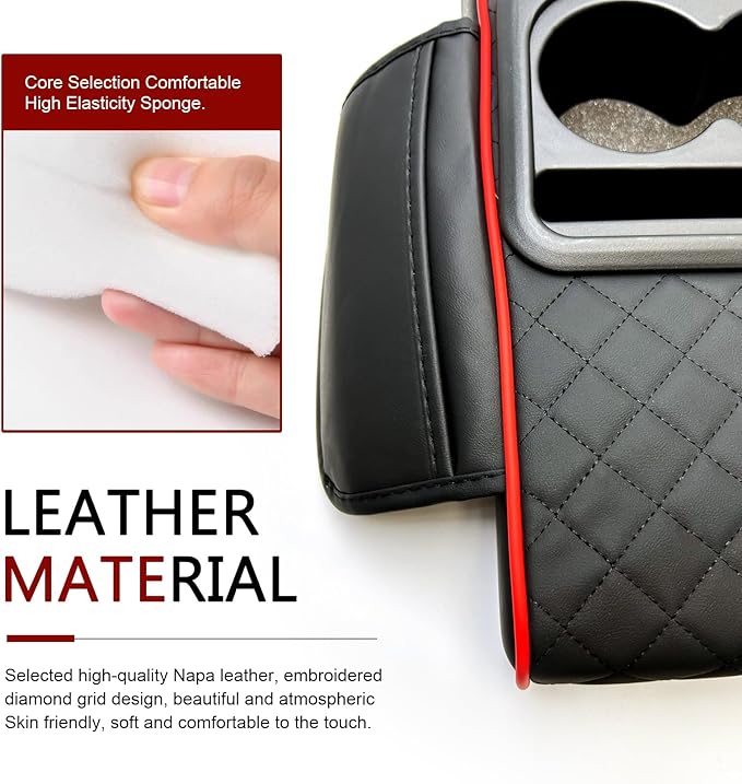 Car Center Console Cover, Upgrade 5-in-1 Genuine Leather Thickened Armrest Box, Armrest Storage Box with Cup, Universal Car Accessories Interior Organizers, for Most Cars (Black & Red)
