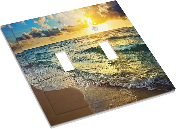 2 Gang Double Toggle Light Switch Cover Sea Ocean Beach Sun Wave Sunrise Sunset Seaside Coastal Electrical Mid Size Switch Face Wall Plate Tropical Hawaii Scenery Electrical Socket Plate Outlet Covers