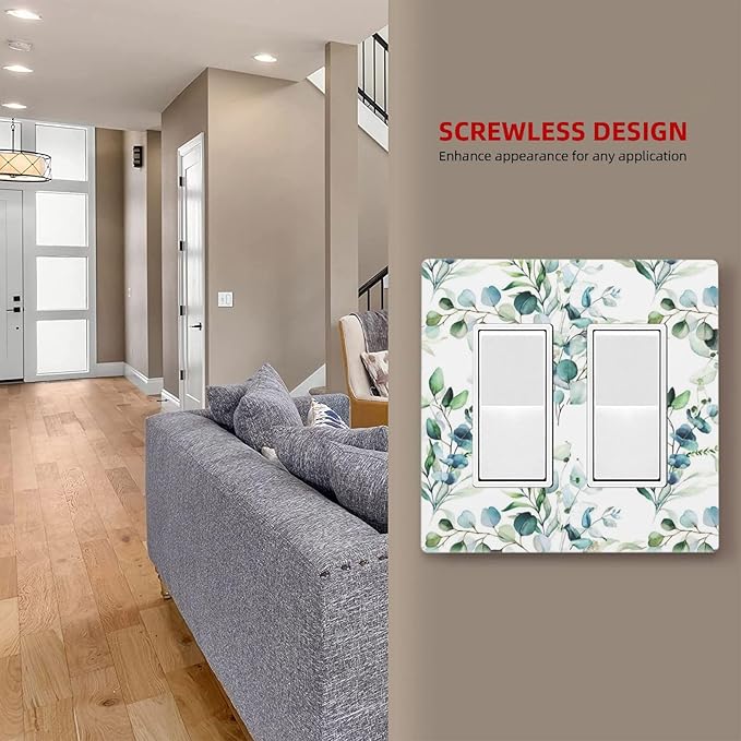 Decorative Double Decorator/GFCI Wall Plate 2 Gang Green Eucalyptus Leaves, Spring Summer Tree Sage Olive Leaf Electrical Outlet Rocker/GFCI Light Switch Cover Faceplate Covers Screwless for Dimmer