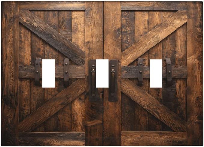 Decorative Light Switch Cover Plate Retro Brown Wood Barndoor 3 Gang Wall Plates for Electrical Outlets Triple Toggle Switch Plate Covers Outlet Covers Faceplate for Farmhouse Decor