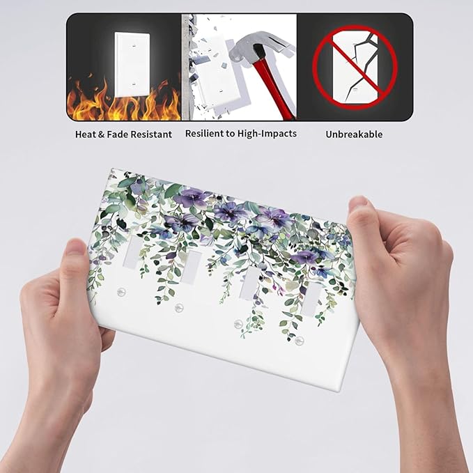 Light Switch Cover Plate Blue Purple Eucalyptus Leaves Boho Botanical 4 Gang Quad Toggle Decorative Switch Plates Wall Panels Electrical Wall Plates Faceplate for Bathroom Home Decor
