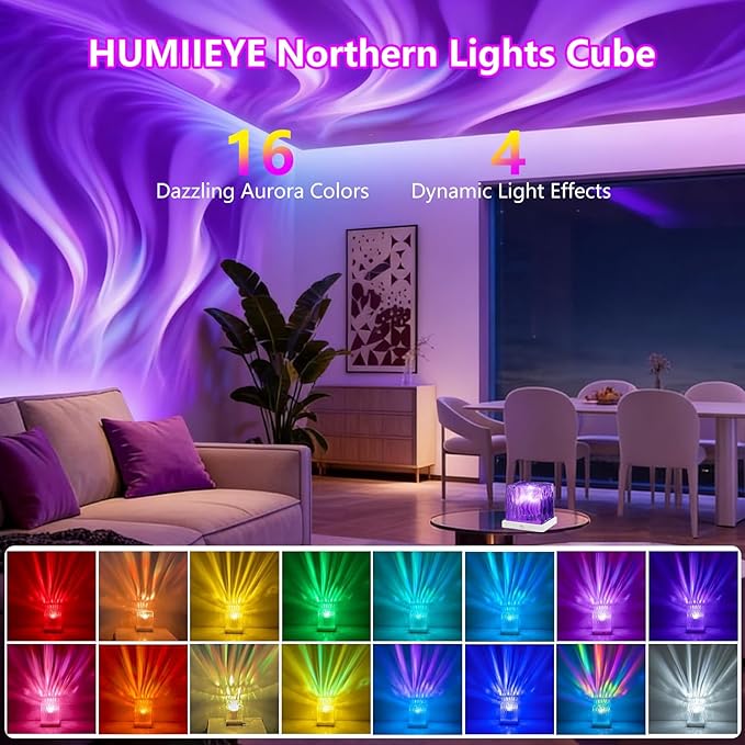 HUMIIEYE Northern Lights Projector, 1800mAh Battery Operated Aurora Night Light Cube, 16 Color, Remote Mood Lighting Galaxy Projector, Trendy Cute Stuff for Kids Teen Girls Gifts Bedroom Room Decor
