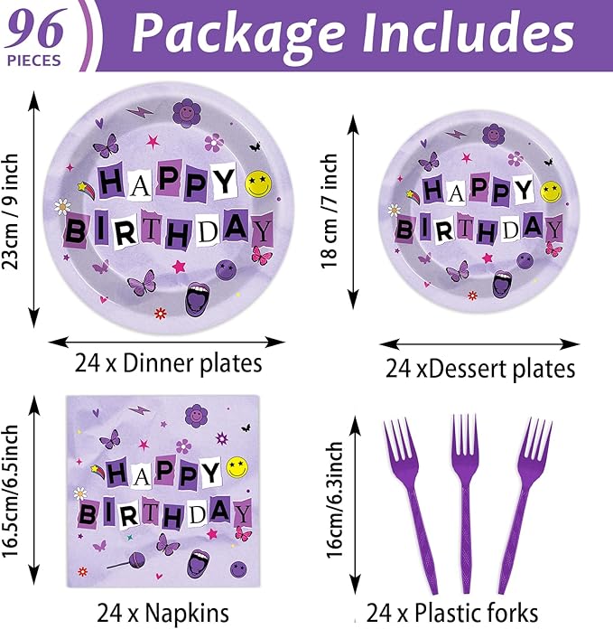 CHUNNIN 96Pcs Purple Music Party Plates and Napkins for Girl Sing Party Supplies Musical Themed Paper Dessert Plates Tableware Set for Kids Baby Shower 24 Guests Music Lover Birthday Party Decorations
