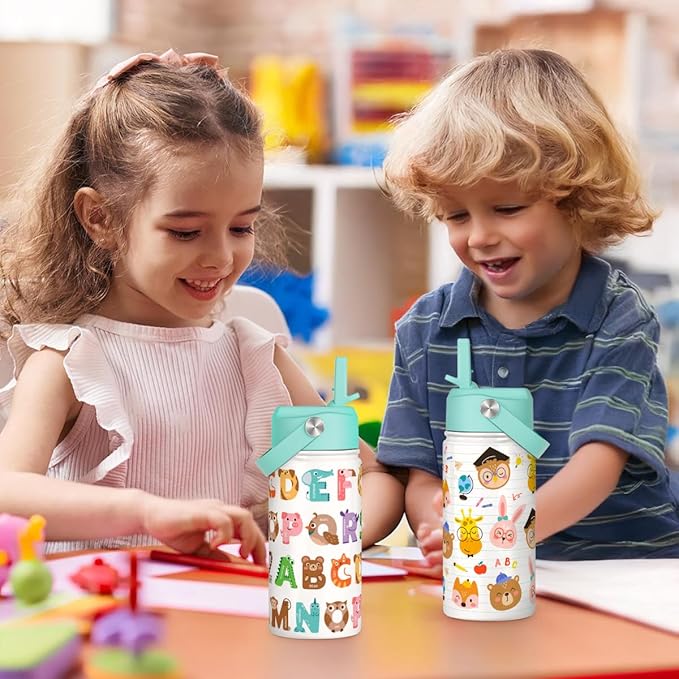 SANDJEST Alphabet Kids Water Bottle with Straw Lid 12oz Insulated Stainless Steel, Travel Tumbler, Animal Gifts for Boys Girls, Birthday, Christmas, Back to School
