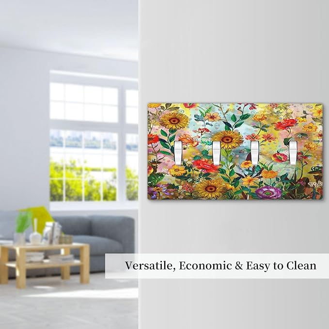 Fall Colorful Sunflower Floral 4 Gang Wall Plate Quad Toggle Light Switch Cover Decorative Outlet Covers Electrical Light Switches Faceplate for Bedroom Bathroom Kitchen Decor