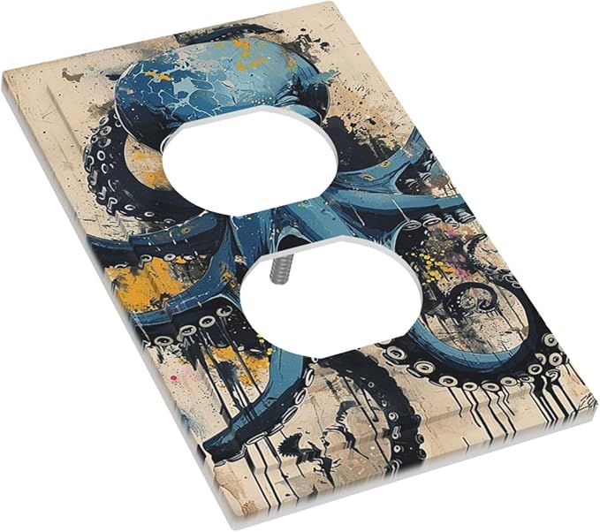 Outlet Covers Nautical Vintage Blue Octopus Yellow Eyes Oil Watercolor 1 Gang Duplex Wall Plate Decorative Switch Plates Electrical Receptacle Faceplate Light Switch Cover for Kids room