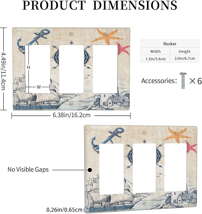 Nautical Sailboat Beach Anchor Pirate Beacon Ocean 3 Gang Rocker Light Switch Covers Decorative Triple Outlet Wall Plate Cover Faceplate Decorative Switchplate GFCI for Farmhouse Bathroom Decor