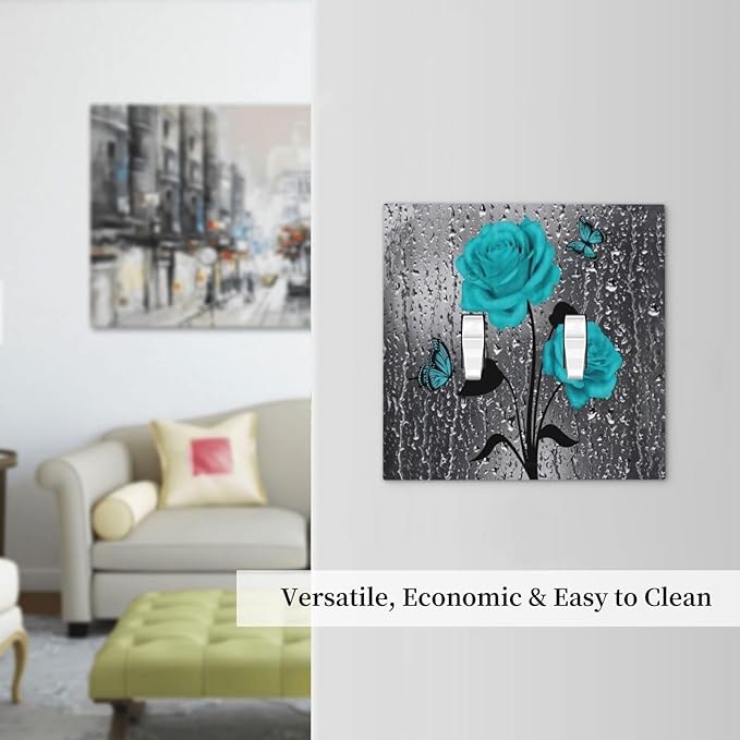 Aqua Turquoise Teal Blue Gray Rose Flower Floral Decorative Double Toggle Wall Plate Outlet Light Switch Cover 2-Gang Valentine's Day Romantic Pretty Butterfly Woman Electrical Receptacle Jumbo Size