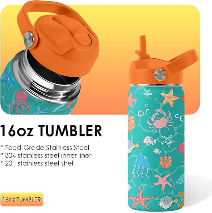 Ocean Gifts for Kids - 16 Oz Green Water Bottle with Straw Lid, Stainless Steel Insulated Tumbler, Leak Proof, BPA-Free, for Girls & Boys, School, Beach - Marine Life Lovers Birthday Gifts (1pc)
