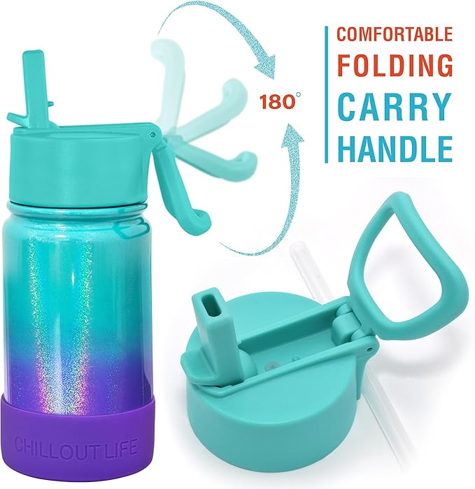 CHILLOUT LIFE 12 oz Kids Insulated Water Bottle for School with Straw Lid Leakproof and Cute Waterproof Stickers, Personalized Stainless Steel Thermos Flask Metal Water Bottle for Girls & Boys