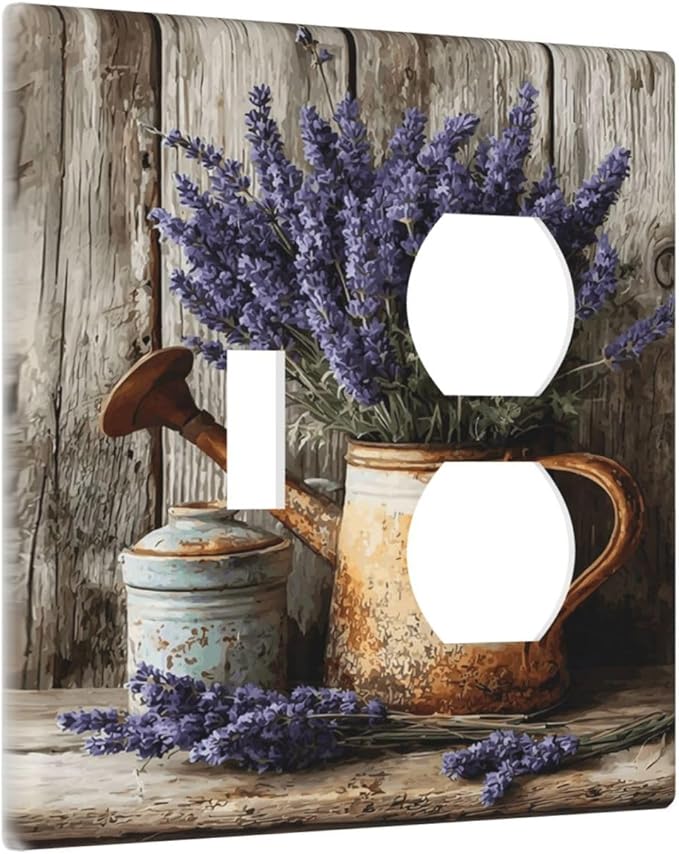 Rustic Flowers Lavender Purple Floral Oil Painting Wallplates 1 Toggle 1 Duplex Switch Plate Electrical GFCI Faceplate Decorative Light Switch Covers for Farmhouse Bedroom Decor