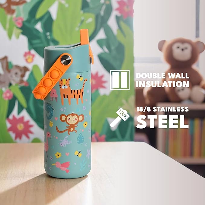 Elemental 100% Leak Proof When Spout is Closed Insulated Kids Water Bottle, Stainless Steel Bottle for School with Straw Lid & Pop-It Handle, Safari & Sage -18oz (2 Pack)