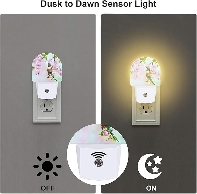 Hummingbird and Cherry Blossoms Night Light for Kids,Birds and Pink Flowers Plug in Night Light with Dusk to Dawn Sensor, 0.5w Energy Saving Nightlight for Hallway Stairway Kitchen Bedroom