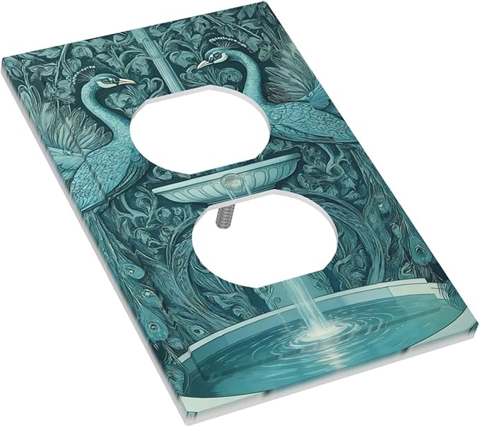 Art Nouveau Peacocks & Fountain in Teal Garden Duplex Wall Plate - 1-Gang Standard US Size Elegant Garden Escape Outlet Covers for Living Room Decor