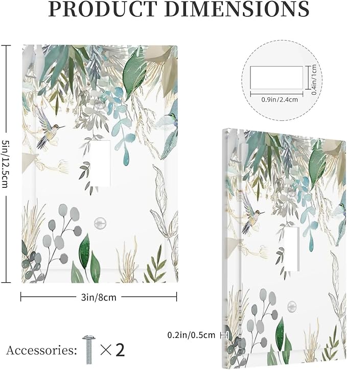 Green Tropical Palm Leaves Flower Plants Hummingbird Decorative Light Switch Cover 1 Gang Single Toggle Device Electrical Faceplate Switchplates Decorator Outlet Wall Plate for Bed Room Living Room