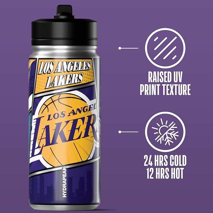 Hydrapeak x NBA Los Angeles Lakers 20 oz Stainless Steel Water Bottle, Officially Licensed Double Wall Insulated Sports Bottle with Straw Lid, Reusable Leakproof Gift for Kids & Adults