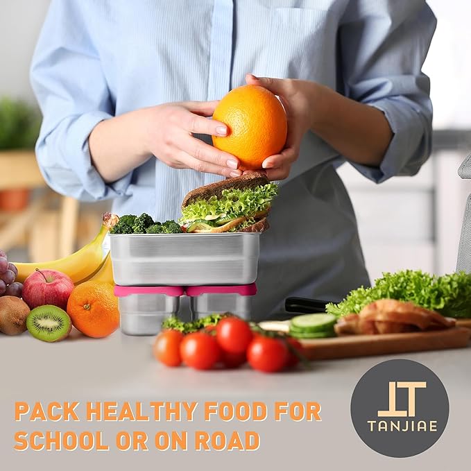 Tanjiae Stainless Steel Lunch Box for Kids | Leak Proof 304 Stainless Steel Snack Containers with Silicone Lids - Perfect Metal Food Containers Set for Kids and Toddlers (25oz+8oz*2)