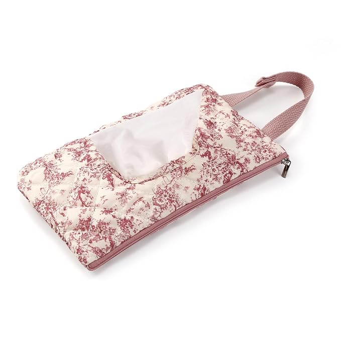 Quilted Baby Wipe Holder Floral Diaper Pouch Portable Quilted Wipes Bag for Car, Stroller (Pink 2)