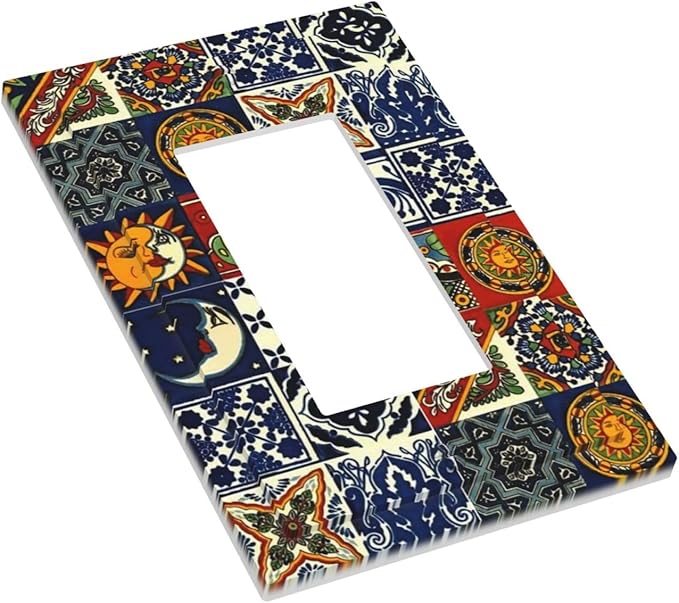 Retro Kitchen Boho Sun Moon Mexican Talavera Tile 1-Gang Decorator Rocker Outlet Light Switch Cover Moroccan Mosaic Tiles Decorative Single Device GFCI Receptacle Switch Wall Plate Dimmer Mid Size
