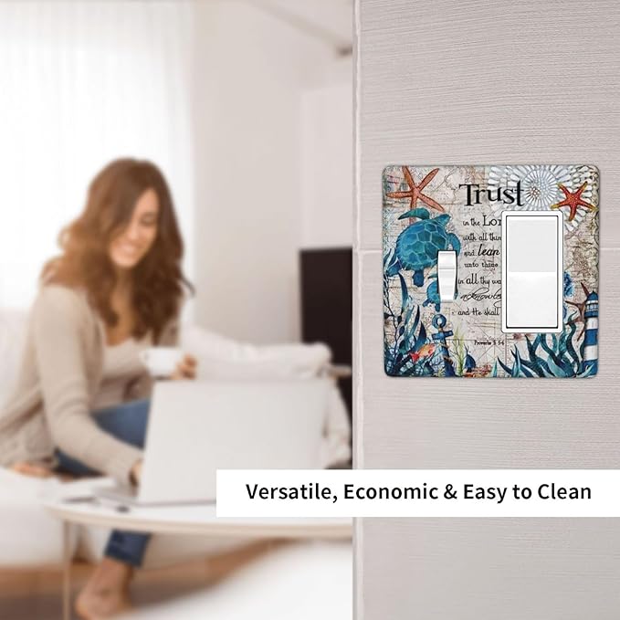 Nautical Sea Ocean Turtle Seahorse 2 Gang Single Toggle/Rocker Combination Light Switch Cover Decorative Wall Plate Cover Electrical Faceplate Art Oil Painting Decor