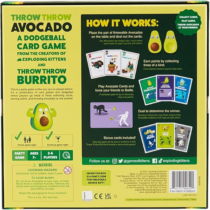 Exploding Kittens Throw Throw Avocado 2-6 Players - Ages 7+ - 15 Minutes to Play - Dodgeball Card Game - Party Game, Family Game Night, Kid and Adult Card Game
