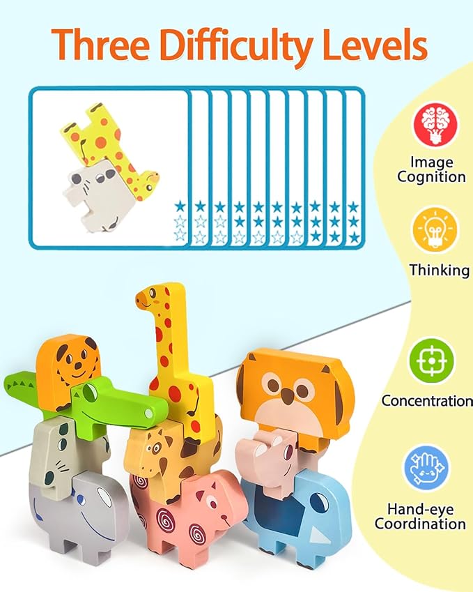 Maaacute Montessori Toys for 1 2 3 Year Old Boys Girls, Toddler Toys Age 2-4, 10 Pack Wooden Animal Blocks Sorting & Stacking Education Toddler Puzzles Toy,1 2 3 Year Old Girl Boy Birthday Gifts