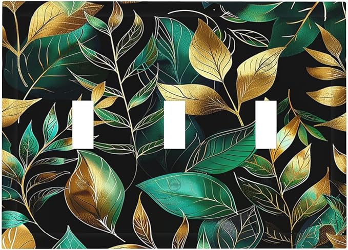 Decorative Switch Plates Vintage Dark Green Vine Leaf Golden Plants 3 Gang Wall Plate Triple Toggle Light Switch Cover Faceplate Electrical Wall Panels for Bed Room Cabin Decor