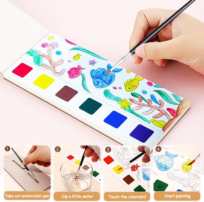 JUNQIU Watercolor Coloring Books for Kids Ages 4-8, Pocket Watercolor Painting Book for Toddlers, Easter Basket Stuffers For Girls Boys, Stocking Stuffers For Kids
