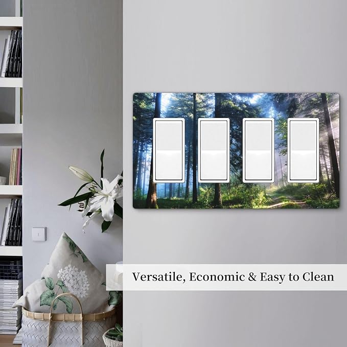 Green Landscape Forest Tree 4 Gang Quad Rocker Light Switch Cover Plate Decorative Electric Faceplate Switchplate Living Room Bedroom Decorate Jumbo Screwless
