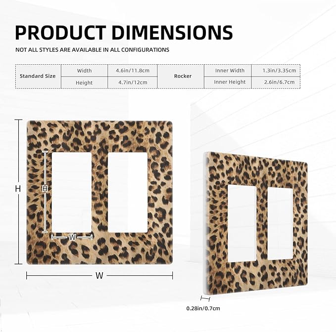 Classic Leopard 2 Gang Double Rocker/Decor Light Switch Cover Decorative Outlet Wall Plate Electrical Faceplate Home Bedroom Art Panel Decor Screwless 4.7" x 4.6