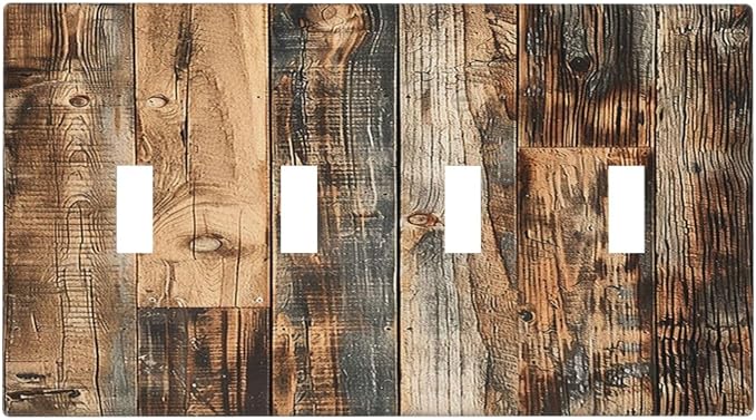Light Switch Covers Rustic Brown Wood Pattern Splice Plank Quad Toggle Electrical Faceplate 4 Gang Wall Plate Decorative Switch Plates For Farmhouse Cabin Decor