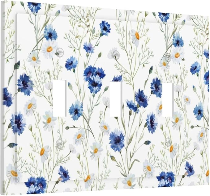 Light Switch Cover Plate Watercolor Daisy Blue Floral Vintage Plant 3 Gang Triple Toggle Decorative Switch Plates Wall Plates Electrical Switchplate Faceplate for Bedroom Home Decor