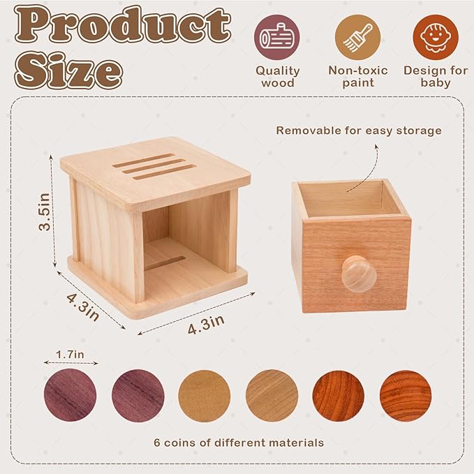 Adena Montessori Coin Box -Natural Wood Double-Sided Object Permanence Box Toy for 1-Year-Old Babies, Wooden Montessori Developmental Toy for 6-12 Month, Early Learning Gift