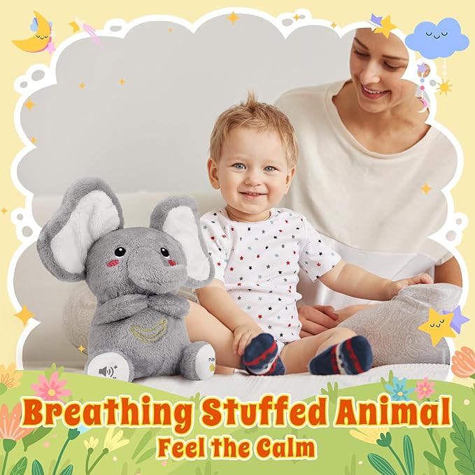 BRICHOEE Breathing Stuffed Animal, Soothing Elephant Stuffed Animal with Moving Ears, Breathing Motion, Calming Sound and Light for Baby Sleep Companion Portable Plush Gifts for Kids Adults Newborns