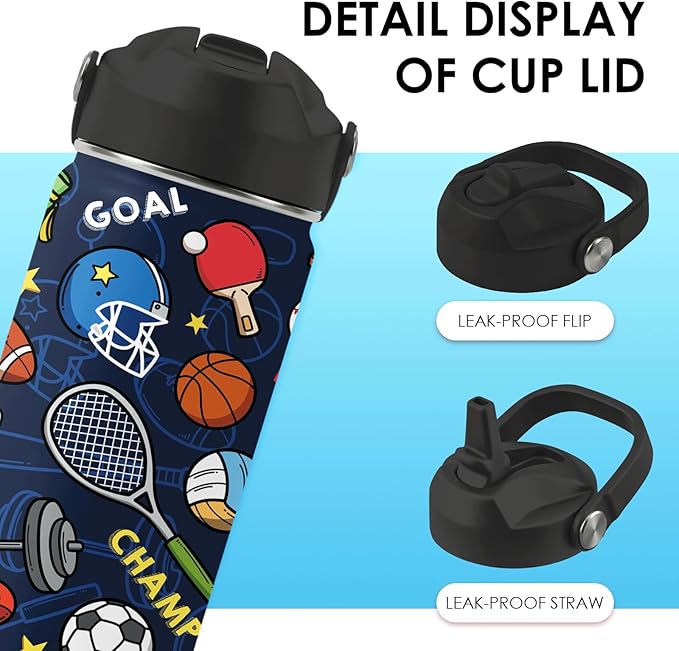 Sports Gifts for Men & Women - 16oz Water Bottle with Straw Lid, Stainless Steel Insulated Bottle, Leakproof, BPA-Free, for Boys Girls, School, Travel - Sport Balls Lovers Kids Birthday Gift Cup (1pc)